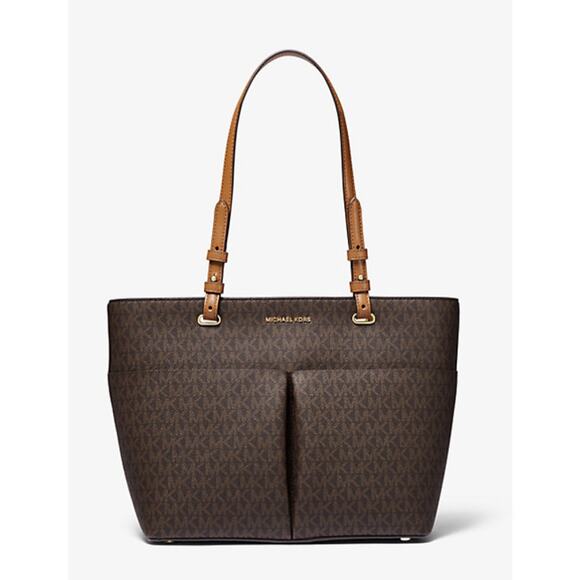 Michael Kors Outlet Jet Set Medium Logo Pocket Tote Bag Logo Brown Corn - Picture 1 of 16